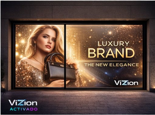 Misma vitrina activada con pantalla holográfica ViZion mostrando campaña de marca de lujo