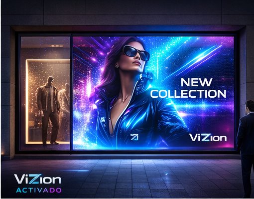 Misma vitrina activada con pantalla holográfica ViZion mostrando nueva colección