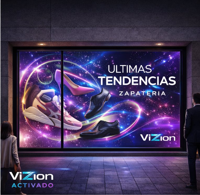Misma vitrina activada con pantalla holográfica ViZion mostrando últimas tendencias de zapatería