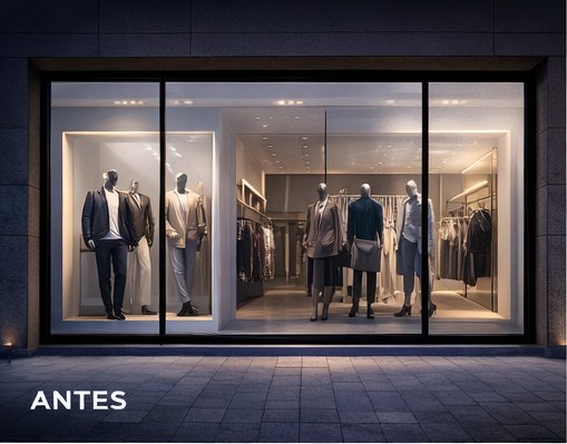 Vitrina de tienda de ropa estática, antes de instalar ViZion