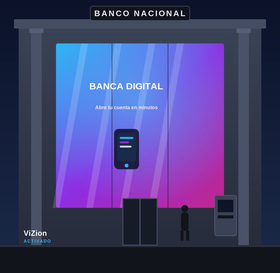 Mismo ventanal de sucursal bancaria activado con pantalla holográfica ViZion promoviendo banca digital
