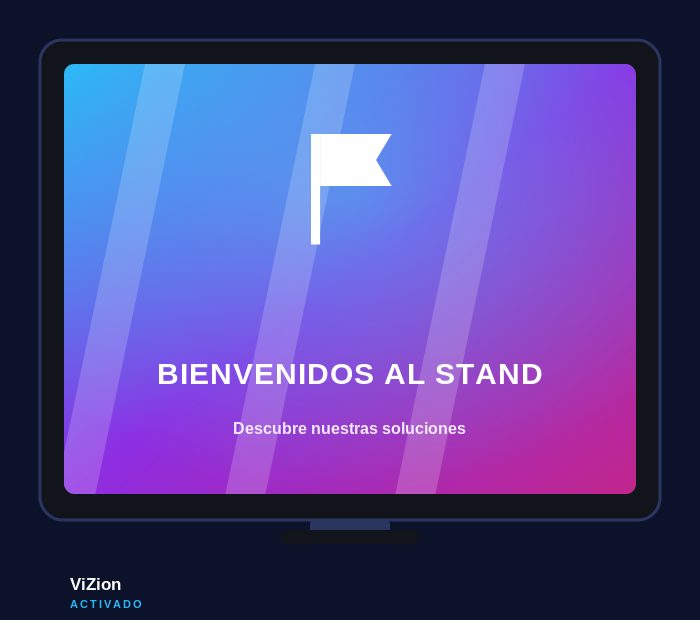 Concepto de stand de feria comercial activado con ViZion, pantalla de bienvenida