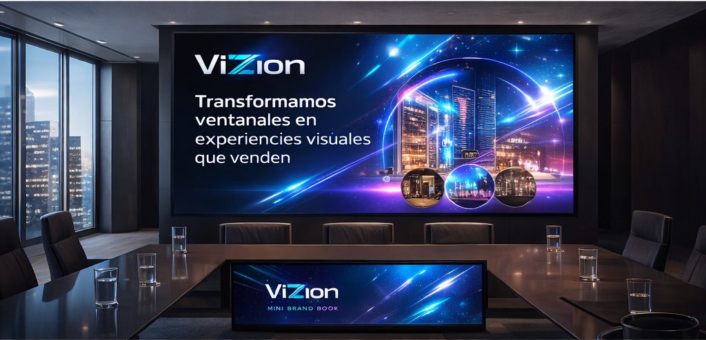Pantalla ViZion instalada en sala de juntas corporativa mostrando el mensaje amplificamos tu vision